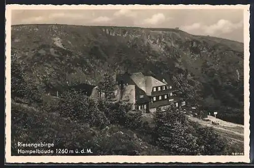 AK Hampelbaude, Berghütte mit fernem Ausblick