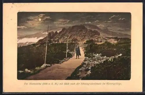 AK Schneegrubenbaude, Mannsteine mit Blick nach der Berghütte im Riesengebirge