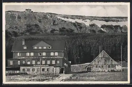 AK Schlingelbaude, Berghütte mit Teichrändern, Riesengebirge