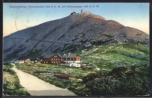 AK Riesenbaude, Berghütte mit Schneekoppe, Riesengebirge