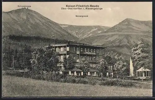 AK Kaiser-Friedrich-Baude /Ober-Steinseiffen, Berghütte mit Schneekoppe u. Melzergrund
