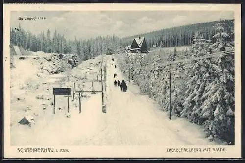 AK Zackelfallbergbaude /Schreiberhau, Ansicht mit Sprungschanze u. Strasse im Winter