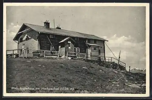 AK Wetterkoglerhaus am Hochwechsel, Ansicht mit Gipfelpanorama