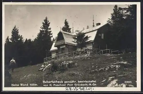 AK Hubertushaus /Hohe Wand, Berghütte mit Wanderern