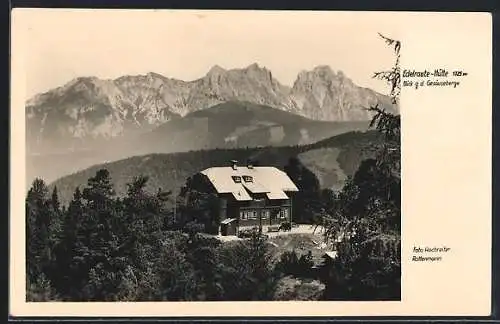 AK Edelraute-Hütte /Geäuseberge, Berghütte mit Gipfelpanorama aus der Vogelschau