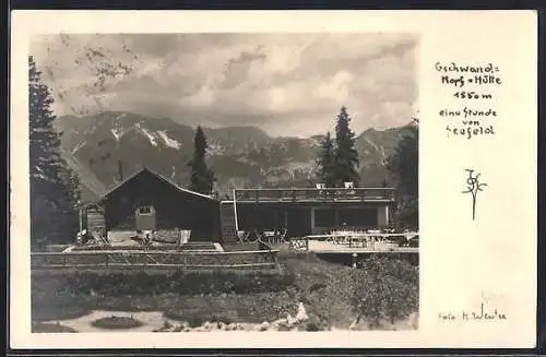 AK Gschwandkopf-Hütte /Seefeld, Ansicht mit Terrasse und Bergpanorama
