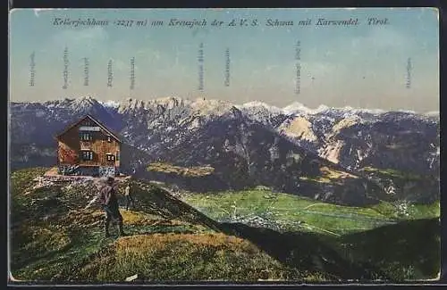 AK Kellerjochhaus /Kreuzjoch, Ansicht mit Ortsblick und Karwendel
