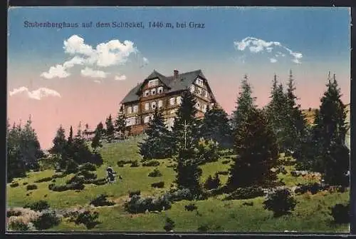 AK Stubenberghaus auf dem Schöckel, Ansicht mit Tannen