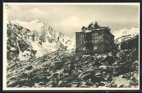 AK Nürnbergerhütte /Stubaier Ferner, Berghütte gegen Feuerstein