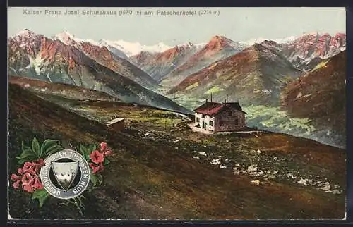 AK Kaiser Franz Josef Schutzhaus /Patscherkofel, Berghütte mit Gipfelpanorama, Wappen ÖTK
