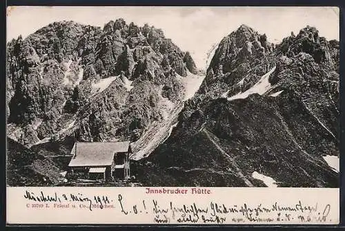 AK Innsbrucker Hütte, Ansicht mit Gipfelpanorama