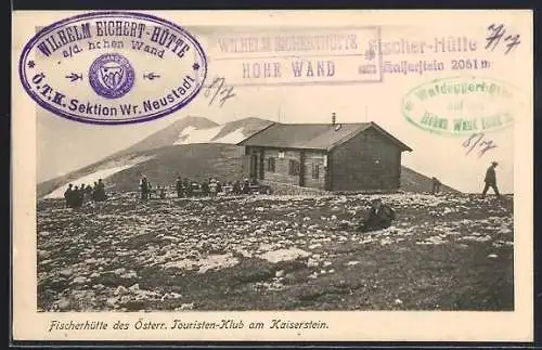 AK Fischerhütte am Kaiserstein, Ansicht mit Wanderern und Bergspitzen