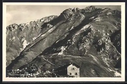 AK Starkenburgerhütte, Ansicht vor Bergpanorama aus der Vogelschau