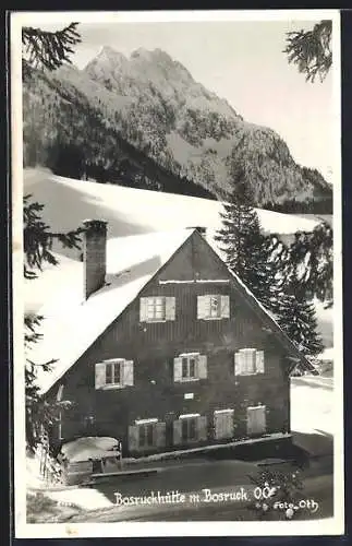 AK Bosruckhütte, Berghütte aus der Vogelschau im Winter