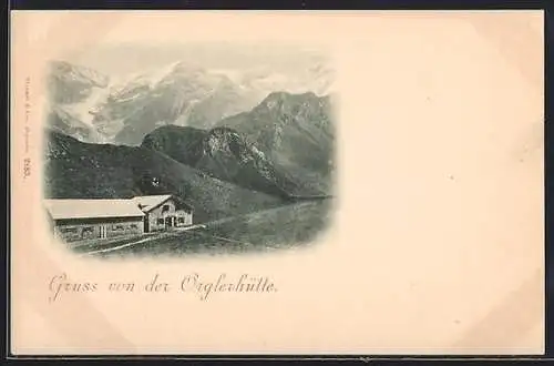 AK Orglerhütte, Ansicht mit Bergpanorama aus der Vogelschau