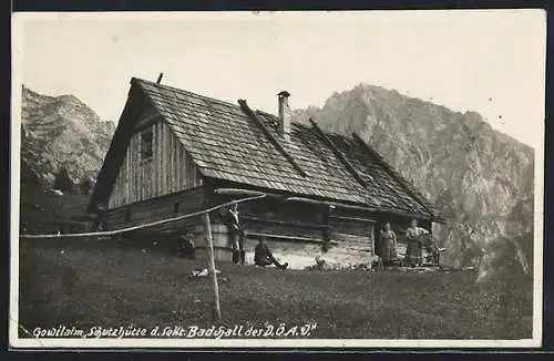 AK Gowilalm-Schutzhütte, Ansicht mit Bergpanorama