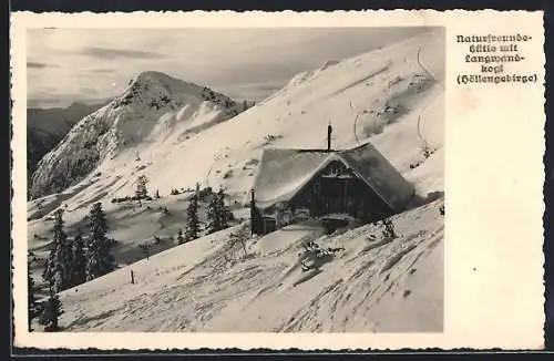AK Naturfreundehütte Langwandkogel /Höllengebirge, Berghütte mit Umgebung im Winter