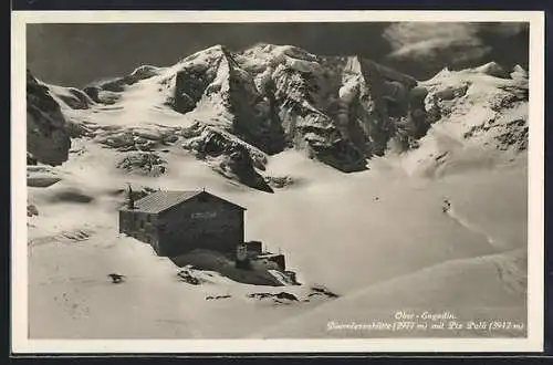 AK Diavolezzahütte /Ober-Engadin, Berghütte mit Piz Palü im Winter