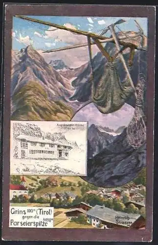 Künstler-AK Augsburger Hütte, Grins gegen Parseierspitze