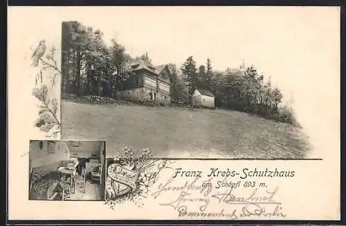 AK Franz Krebs-Schutzhaus am Schöpfl, Innen- und Aussenansicht der Hütte, Bew. Josef Binder