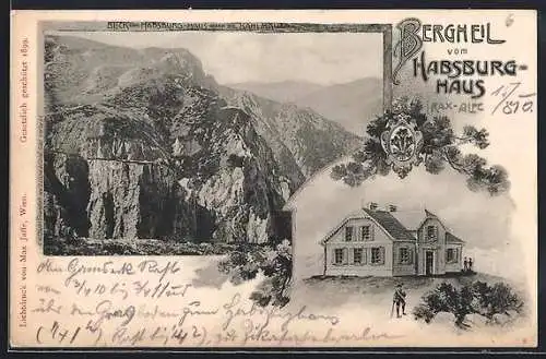 Lithographie Habsburg-Haus, Berghütte, Rax-Alpe, Blick vom Habsberg-Haus gegen die Kahlmauer