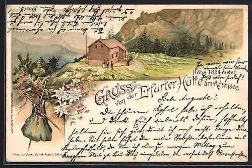 Lithographie Erfurter Hütte am Achensee, Blick auf die Hütte mit Gästen