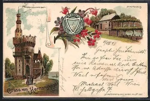Lithographie Wien, Schutzhaus am Hermanskogel, Habsburgwarte, Wappen und Blumen