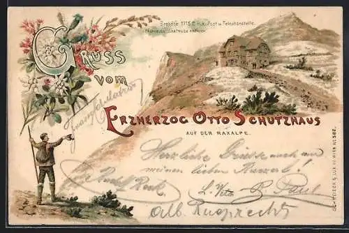 Lithographie Erzherzog Otto-Schutzhaus, Raxalpe, K. k. Post- & Telefonstation