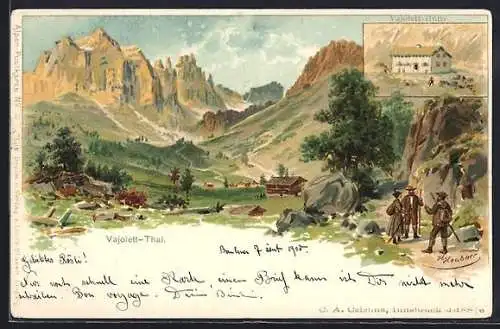 Künstler-AK Vajolett-Hütte, Wanderer bei der Berghütte