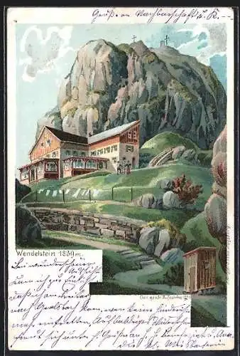 Lithographie Hütte am Wendelstein, Blick auf die Hütte im Sonnenschein