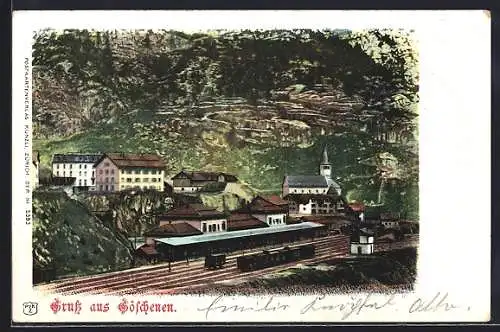 AK Göschenen, Panorama mit Bahnhof im Vordergrund