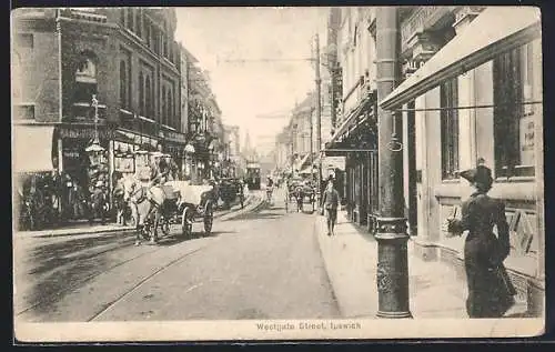 AK Ipswich, Westgate Street, tramway and horse carriage, Strassenbahn