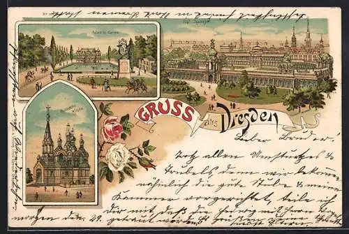 Lithographie Dresden, Palais Gr. Garten, Russische Kirche, Kgl. Zwinger
