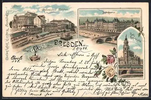 Lithographie Dresden, Italienisches Dörfchen, Jägerkaserne, Katholische Hofkirche