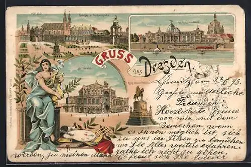 Lithographie Dresden, Zwinger Und Sophienkirche, Hoftheater, König Johann-Denkmal