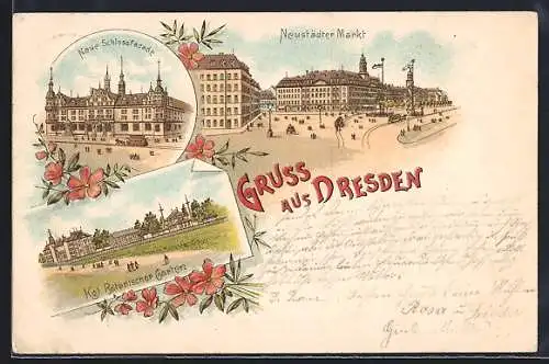 Vorläufer-Lithographie Dresden, 1894, Neustädter Markt, Neue Schlossfacade, Kgl. Botanischer Garten