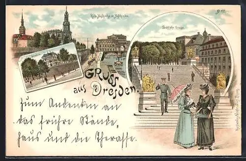Lithographie Dresden, Kath. Kirche mit Hoftheater, Belvedere, Brühl`sche Terrasse