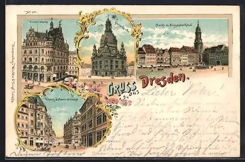 Lithographie Dresden, Victoriahaus, Frauenkirche, Markt mit Siegesdenkmal, König-Johann-Strasse
