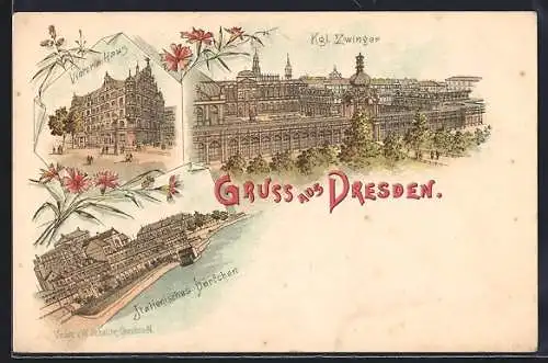 Lithographie Dresden, Kgl. Zwinger, Victoria-Haus, Italienisches Dörfchen