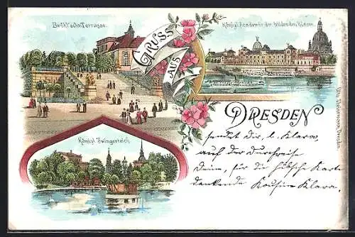Lithographie Dresden, Brühl`sche Terrasse, Königl. Akadamie der bildenden Künste, kgl. Zwingerteich