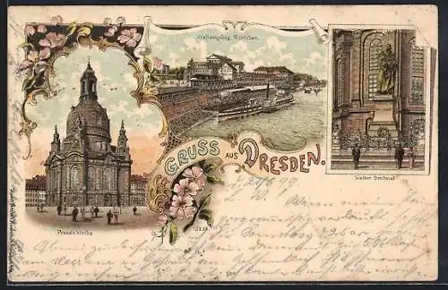 Lithographie Dresden, Italienisches Dörfchen, Frauenkirche, Luther-Denkmal