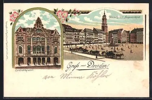 Lithographie Dresden, Centraltheater Waisenhausstrasse, Altmarkt mit Siegesdenkmal