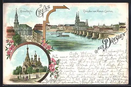Lithographie Dresden, Russische Kirche, Kreuzkirche, Stadtansicht vom Wiener-Garten