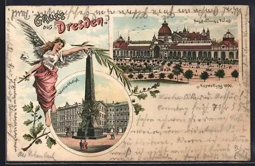 Lithographie Dresden, Wettin-Obelisk, Ausstellungs-Palast