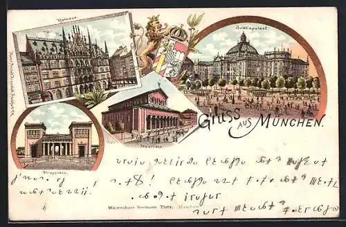 Lithographie München, Rathaus, Propyläen, Basilika, Justizpalast, Wappen