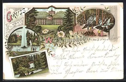Lithographie Wilhelmshöhe, Schloss, Fontaine, Teufelsbrücke, Steinhöfer'scher Wasserfall