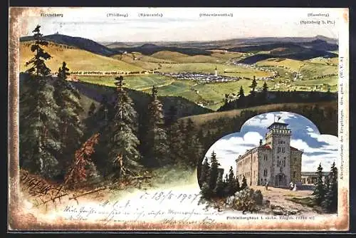 AK Fichtelberg / Erzg., Panoramaansicht mit Fichtelberg, Pöhlberg, Bärenstein, Hassberg, Spitzberg