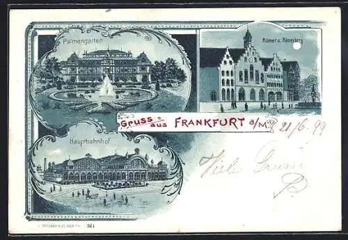 Lithographie Frankfurt /Main, Hauptbahnhof, Palmengarten mit Fontäne, Römer