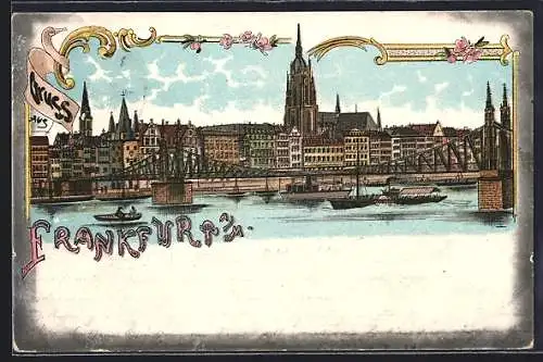 Lithographie Frankfurt a / M., Teilansicht mit Brücke und Booten