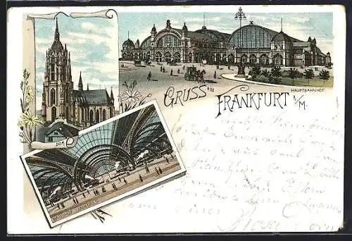 Lithographie Frankfurt, Hauptbahnhof, Inneres des Bahnhofs, Dom